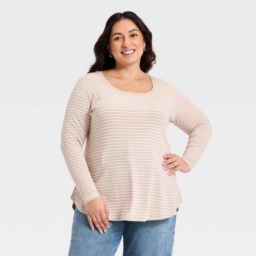 Women's Long Sleeve Knit Scoop Neck Tunic Top - Ava & Viv Tan Striped XXL